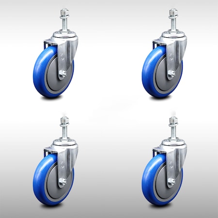Service Caster 5 Inch SS Blue Polyurethane Wheel Swivel 10mm Threaded Stem Caster Set SCC SCC-SSTS20S514-PPUB-BLUE-M1015-4